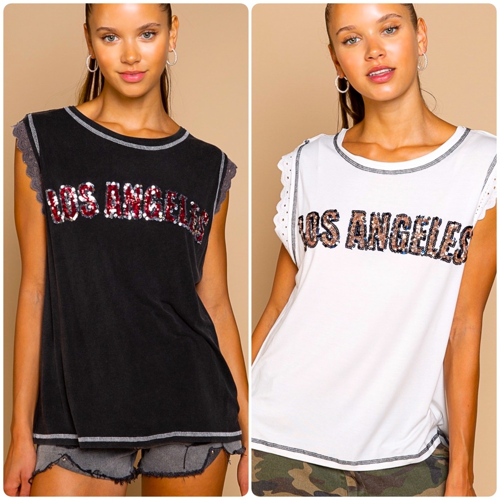 🆕 POL - Sequined “Los Angeles” Top - Lace Embellished Caps - 2 Colors - NIB